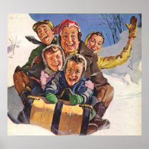Happy Vintage Family Sledding on Christmas Day