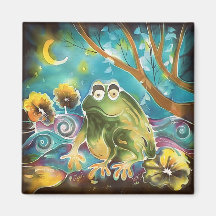 Happy Whimsical Frog at Night Silk Painting Refrigerator Magnet