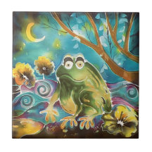 Happy Whimsical Frog at Night Silk Painting Tiles