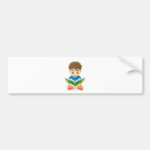 Happy young boy reading bumper stickers