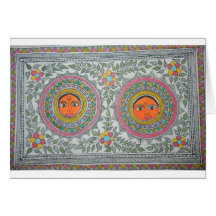 has a "sun" motif in "madhubani painting" style. card