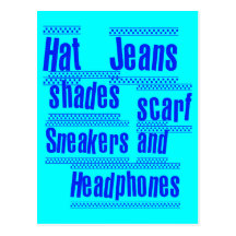 HAT JEANS SHADES SCARF SNEAKERS AND HEADPHONES POSTCARDS