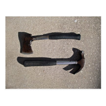 Hatchet and hammer in display postcard