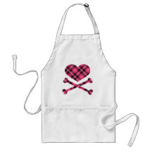 heart and cross bones pink black plaid apron