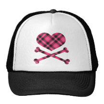 heart and cross bones pink black plaid mesh hat
