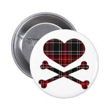 heart and cross bones red black plaid pinback button