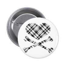 heart and cross bones white black plaid pinback button
