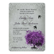 Heart Leaf Eggplant Tree Vintage Birds Wedding Custom Announcement