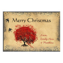 Heart Leaf Red Tree Vintage Bird Christmas Personalized Invitations
