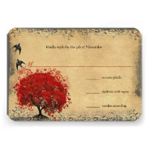 Heart Leaf Red Tree Vintage Birds Wedding RSVP Custom Announcements