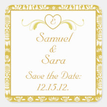Heart Monogram Save the Date in Gold and White Square Sticker