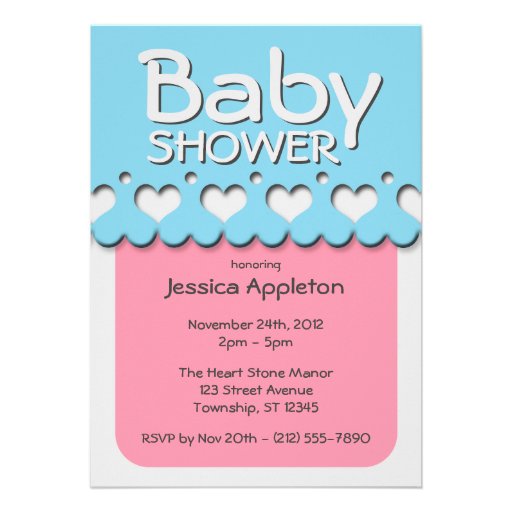 Heart Ribbon Pattern Pink & Blue Baby Shower Personalized Announcements