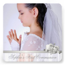 Hearts Cross Girls White Photo First Communion Personalized Invitations