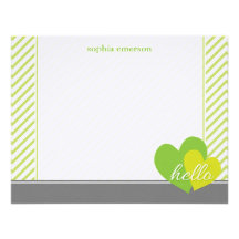 Hello Hearts Personalized Flat Note Cards (Green) Personalized Invitation