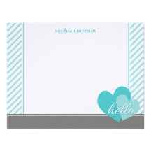 Hello Hearts Personalized Flat Note Cards (Teal) Invitation