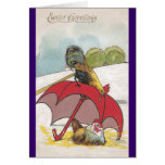 Hen, Rooster and Red Umbrella Easter Postcard