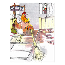 Hen with Broom Mounting Stairs to Bedroom Post Cards