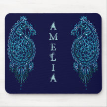 Henna Peacock (Blue) Monogram Mouse Pads