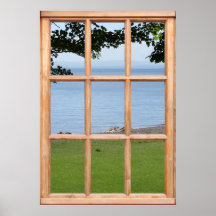 Herbe, feuille et vue de mer d'une fenêtre affiche