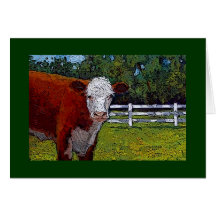 Hereford Cow in Pasture: Illustration: Farm Animal Card