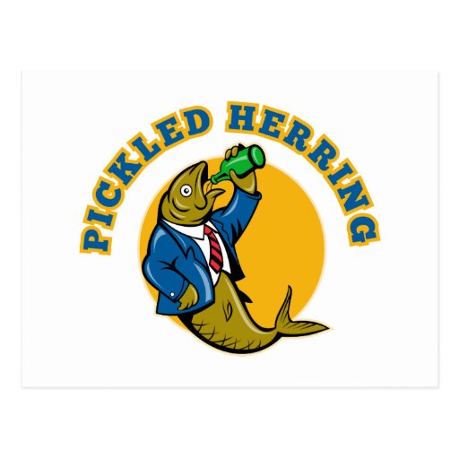 Herring fish suit drinking beer bottle postcard
