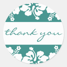 Hibiscus Flowers Thank You Label (Sea Foam Green) Round Stickers