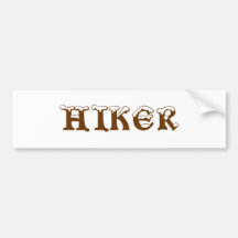 Hiker. Snow Top Letters. Brown and White. Bumper Stickers