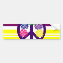 Hippie Flower Power Peace Sign on Rainbow Stripes Bumper Stickers