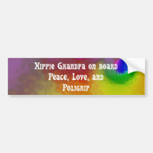 hippie grandma on board, peace, love, and poligrip bumper stickers