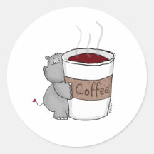 Hippo with Coffee Round Stickers