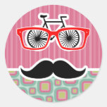 Hipster Pink and Mint Retro Mustache Round Sticker