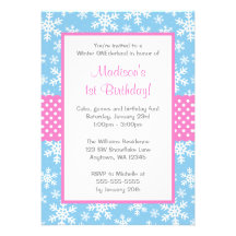 Hiver rose et bleu Onederland de flocons de neige Invitations