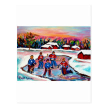 Hockey d'étang sur le lac congelé carte postale