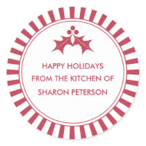 Holiday Canning Labels - Red Striped Holly Round Sticker