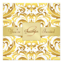 Holiday Gold Damask Gold Foil Ribbon Invitation