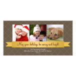 Holiday gold satin ribbon brown lattice greeting personalized photo card