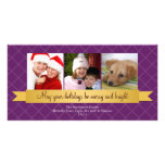 Holiday gold satin ribbon purple lattice greeting customized photo card