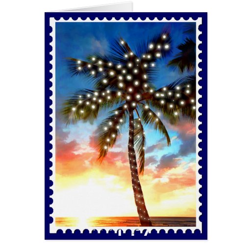 Holiday Palm Tree Lights at Sunset Greeting Cards