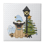 Holiday Pug with Tree (blue) Ceramic Tile