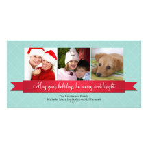 Holiday red satin ribbon blue lattice greeting photo greeting card