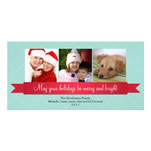 Holiday red satin ribbon blue lattice greeting photo greeting card