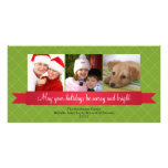 Holiday red satin ribbon green lattice greeting customized photo card