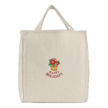 Holiday Tote Bag with Embroidered Poinsettias