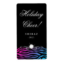 Holiday Wine Label Zebra Pink Blue Diamond Black