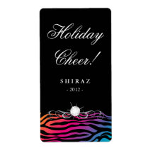 Holiday Wine Label Zebra Rainbow Diamond Black