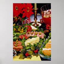 Holiday with deli platter, punch bowl and poinsett poster