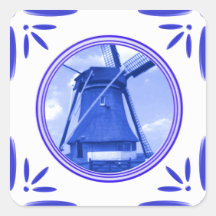 Holland Windmill Delft-Blue-Tile-Look Printed Square Stickers
