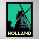 holland windmill europe art deco retro poster