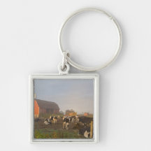 Holstein dairy cows outside a barn at sunrise key chain