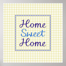 Home Sweet Home Script in Blues on Yellow Gingham Print